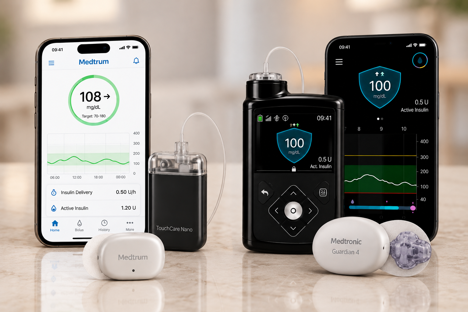Bombas de insulina Medtrum e Medtronic ao lado dos aplicativos no celular e dos sensores de glicose
